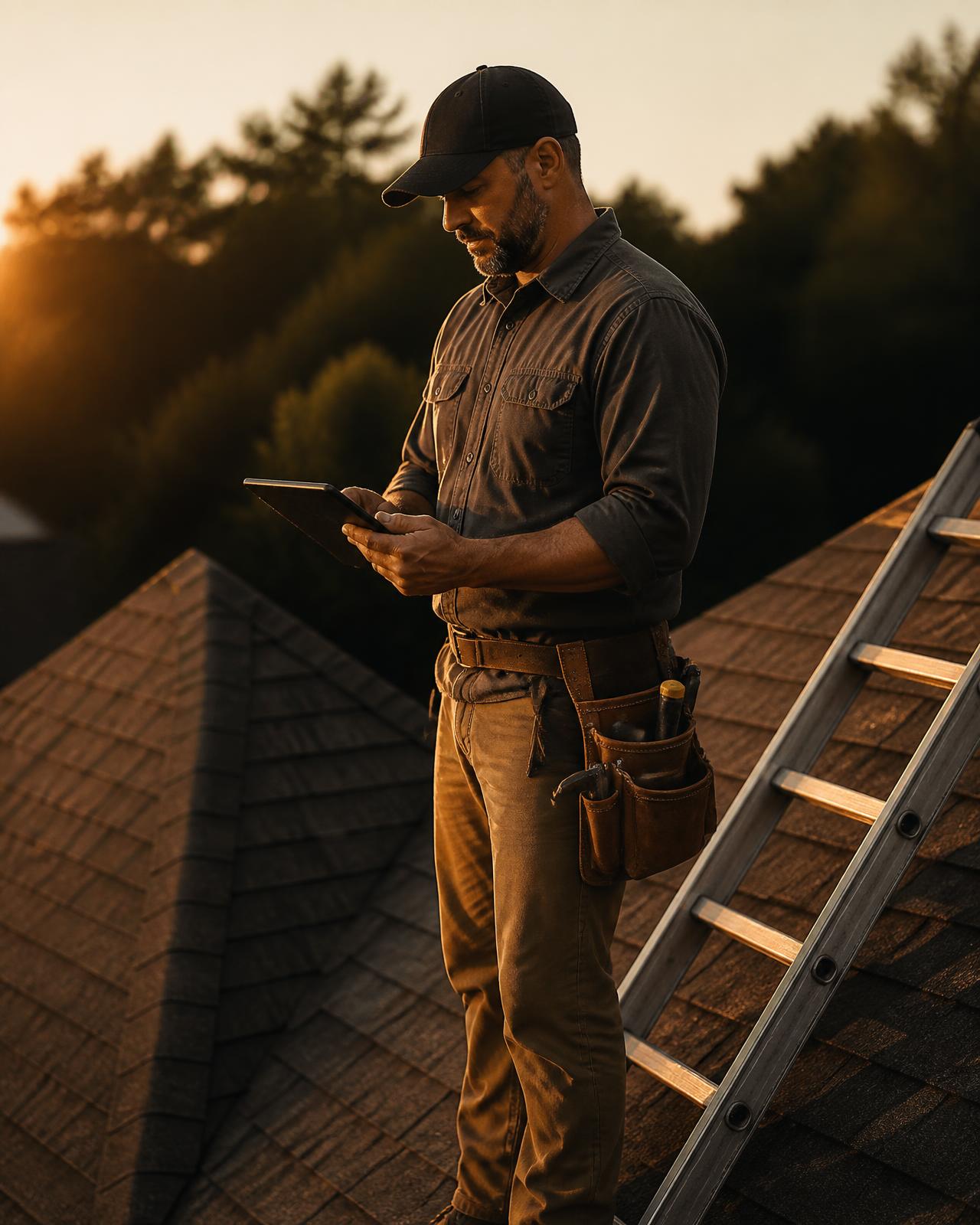 Roofing contractor reviewing a job on a tablet while standing on a residential roof at sunset